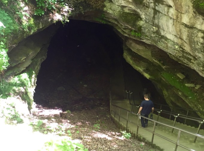 An employee is going into the cave to help with the Trog Tour, lined up to enter the cave.