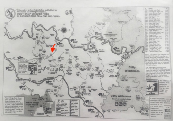 This was the only map we had to hike. The red arrow shows the Trailhead parking and you can see, no trail from here, but we saw the trail we wanted to be on....