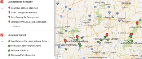 Just a snap shot of the campgrounds where we stayed (in red) and the many different locations we visited.